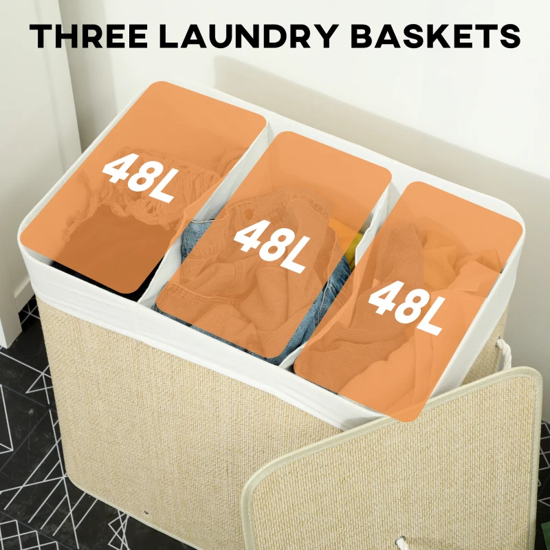 HOMCOM 3 Section Laundry Basket with Lid, 144L Bamboo Laundry Hamper with Handles, Removable and Washable Liner, Cream White
