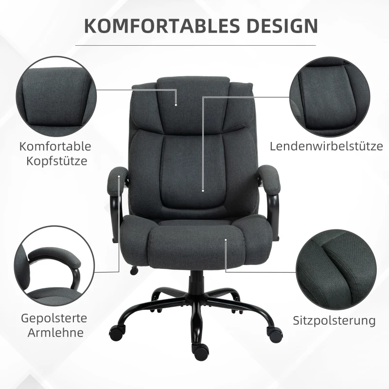 Vinsetto Bureaustoel, Ergonomische Bureaustoel, Draaisteel met Gevoerde Armleuningen, tot 220 kg belastbaar, Grijs