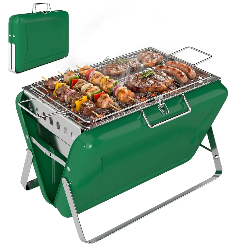Outsunny Barbecue au charbon bois pliable, barbecue portable, poignée et pieds repliables, pour jardin, terrasse, camping, vert