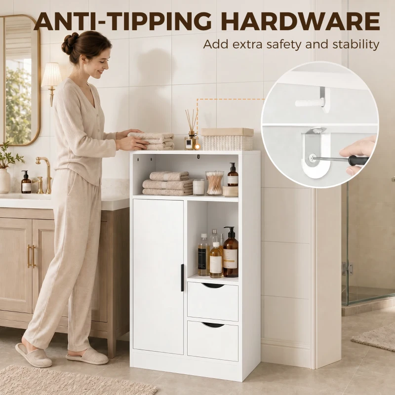 HOMCOM Meuble de salle de bain, meuble de rangement étroit avec 2 tiroirs, compartiments ouverts, 50x25x100cm, blanc