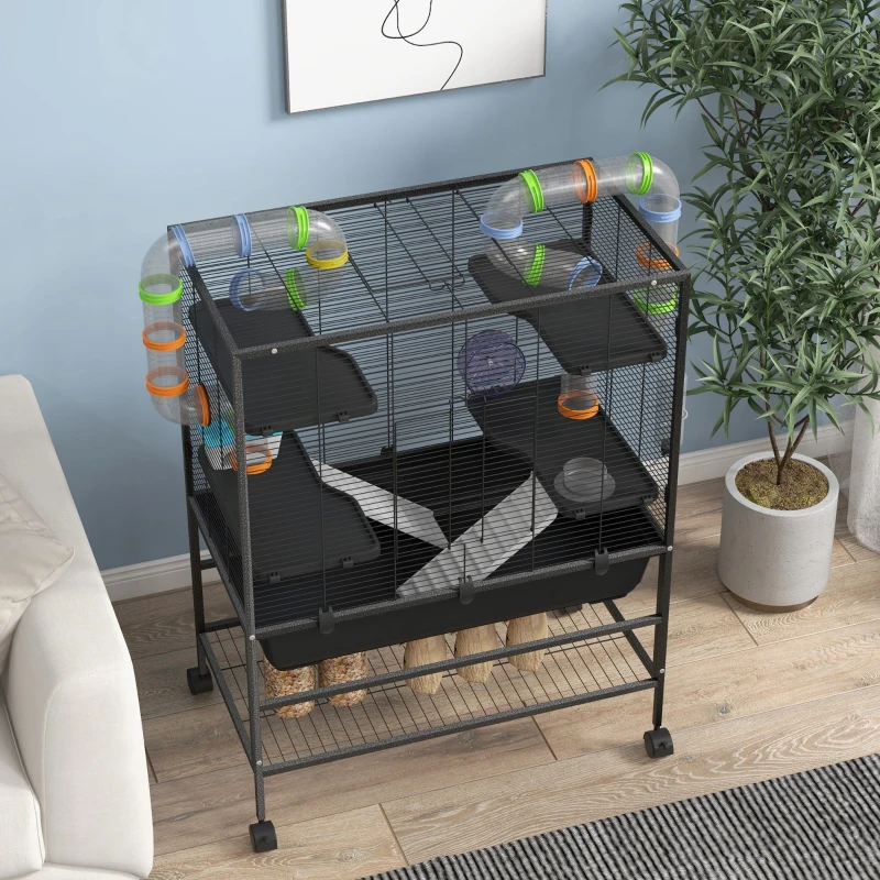 PawHut Hamsterkooi met Buizen, Looprad, Huisje, Waterdispenser, 120 x 82 x 46 cm, Zwart(m-9)