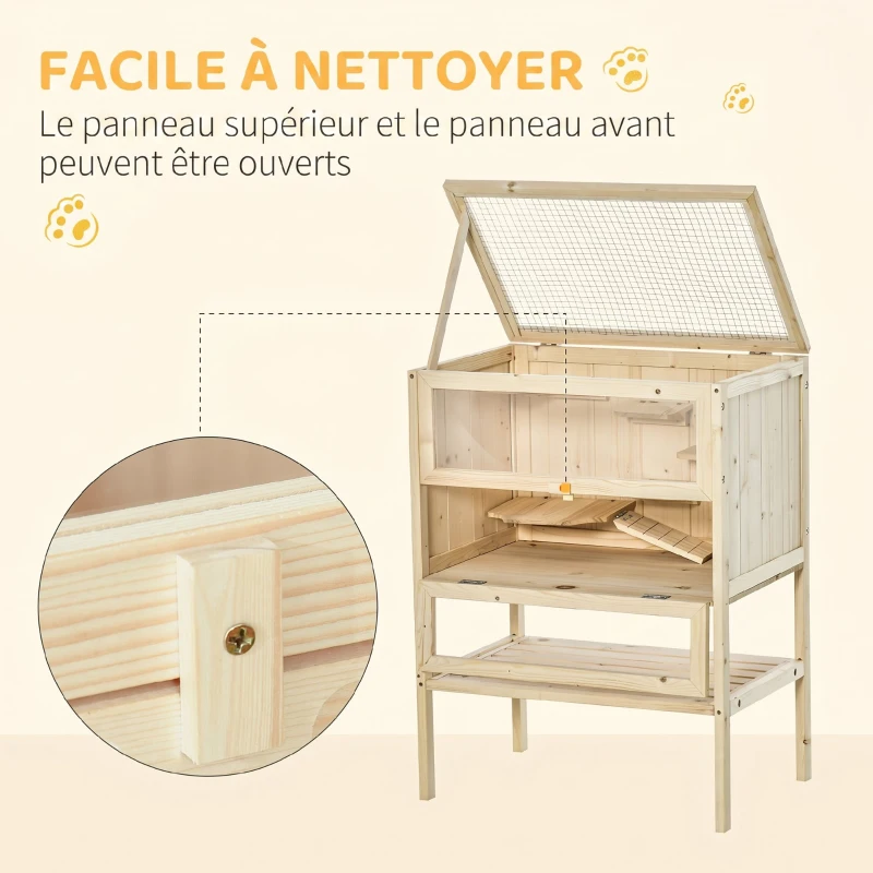 PawHut Cage Hamster en Bois à 3 Niveaux avec Plateformes, Échelles, Étagère, Fenêtre, Toit Ouvrable, 60x40x80cm, Naturel