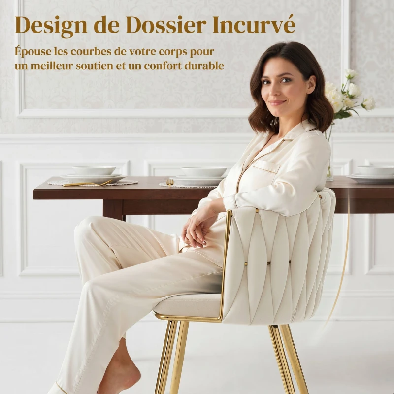 HOMCOM Lot de 2 chaises de salle à manger, chaises de cuisine rembourrées en velours avec dossier tressé et accoudoirs, crème
