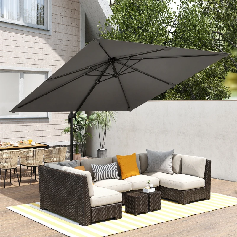 Outsunny Ombrellone a Sbalzo Inclinabile 3x3 m con Base a Croce e Manovella, in Poliestere Grigio Scuro