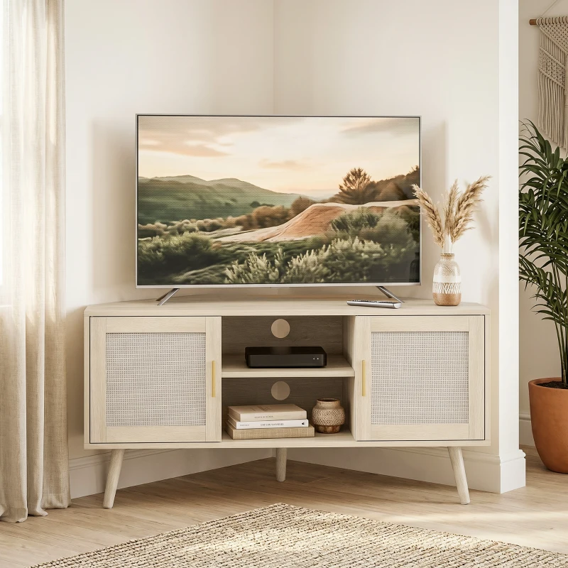 HOMCOM Mueble TV de Esquina 115 cm Mueble para Televisor de hasta 165,1 cm 2 Puertas de Ratán 2 Compartimentos Roble
