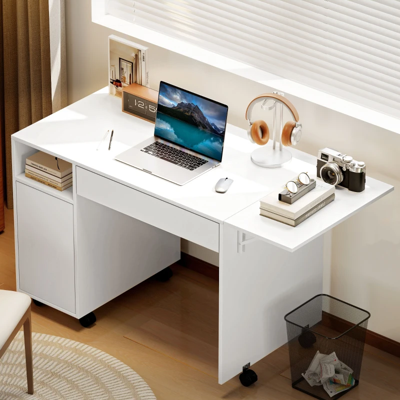 HOMCOM Rollbarer Computertisch, klappbarer Schreibtisch mit Schrank und Schublade, Spanplatte, Weiß