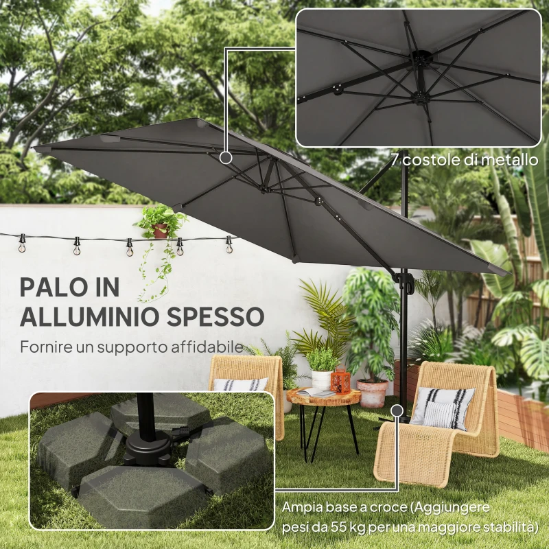 Outsunny Ombrellone a Sbalzo Inclinabile 3x3 m con Base a Croce e Manovella, in Poliestere Grigio Scuro