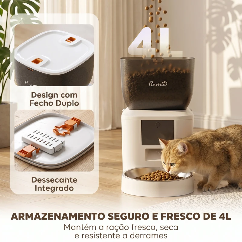 PawHut Alimentador Automático 4L com WiFi 2.4G para Gatos e Cães com Aplicação Tuya e Gravação de Voz de 10s
