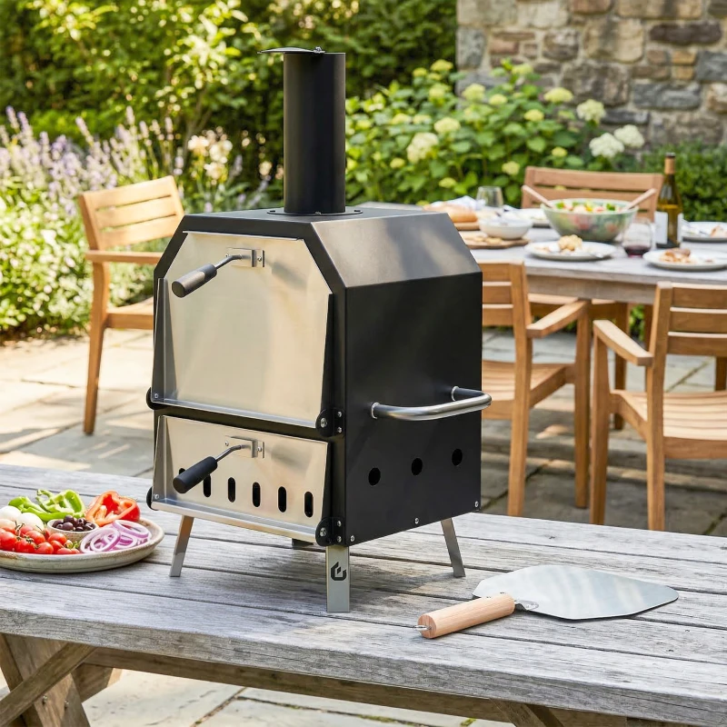 Outsunny Four à Pizza Extérieur à Bois et Charbon 2 Étages Combiné Barbecue Fumoir Pierre de 30 cm et Pelle Portable Noir