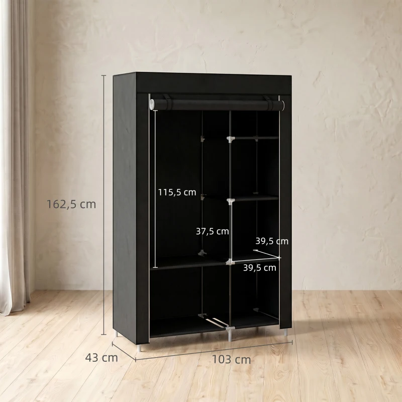 HOMCOM Armadio Guardaroba Portatile in Tessuto con 6 Ripiani Aperti e un Appendino, 103x43x162.5 cm, Nero