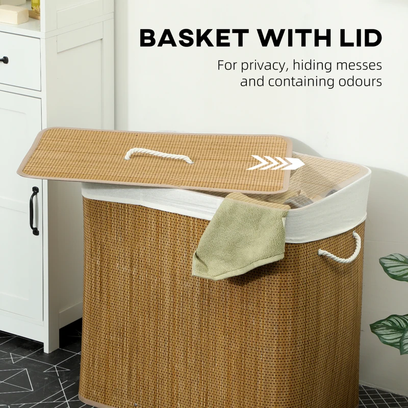 HOMCOM 3 Section Laundry Basket with Lid, 144L Bamboo Laundry Hamper with Handles, Removable and Washable Liner, Brown