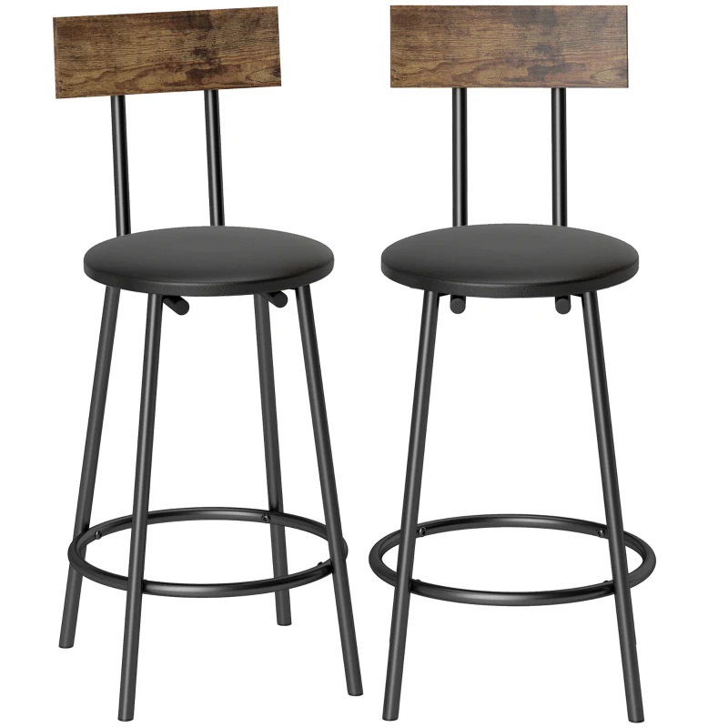 HOMCOM 2er-Set Barhocker mit Rückenlehne und Fußstütze, PU-bezogen 41x47x92 cm Schwarz