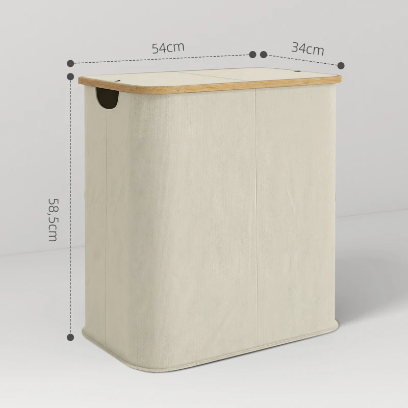 HOMCOM Cesto Portabiancheria da 80L a 2 Sezioni con Coperchio, in Tessuto non Tessuto e Bambù, 54x34x58.5 cm, Beige