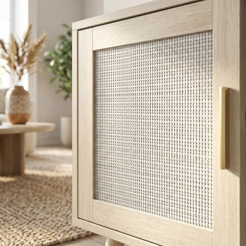 HOMCOM Mueble TV de Esquina 115 cm Mueble para Televisor de hasta 165,1 cm 2 Puertas de Ratán 2 Compartimentos Roble