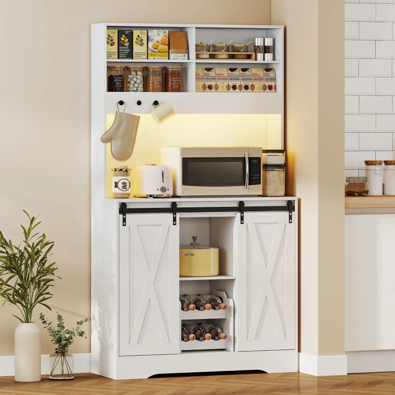 HOMCOM Credenza Cucina con Prese Elettriche, Luce LED, Portabottiglie e Ante Scorrevoli, 100x38x180 cm, Bianco