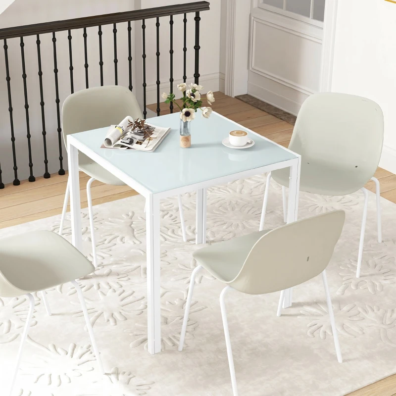 HOMCOM Mesa de Jantar em Vidro, Mesa de Cozinha Quadrada para 4 Pessoas com Pés Metálicos, 75x75x75 cm, Branco