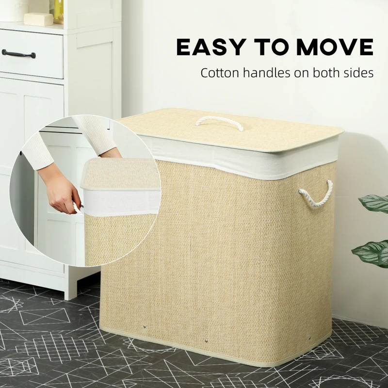 HOMCOM 3 Section Laundry Basket with Lid, 144L Bamboo Laundry Hamper with Handles, Removable and Washable Liner, Cream White