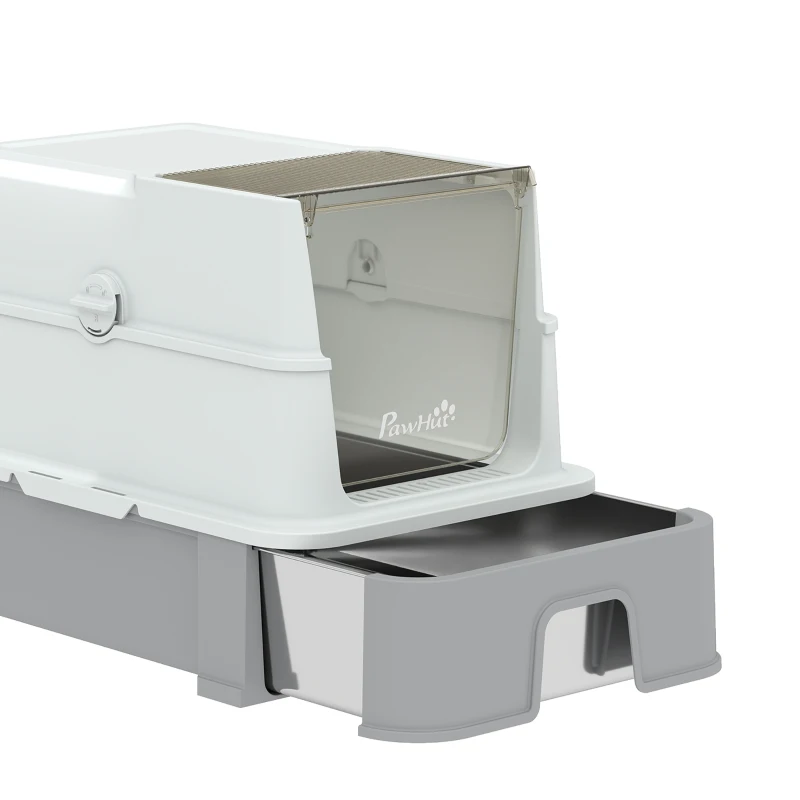 PawHut Arenero de Acero Inoxidable con Tapa Arenero XL con Pala Cubeta Extraíble Laterales Altos Fácil de Limpiar Gris