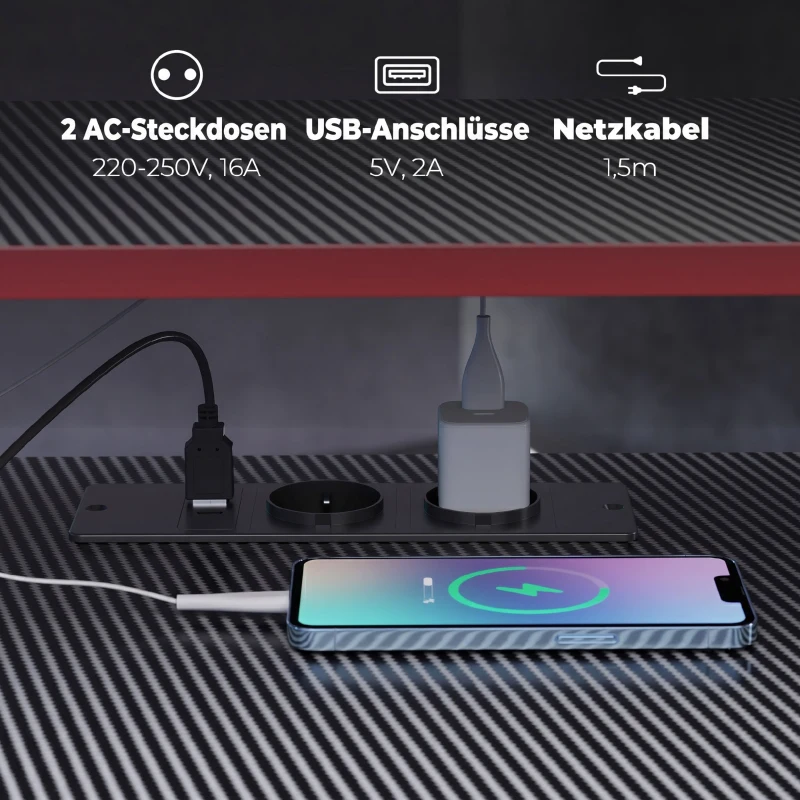 HOMCOM L-vormig computertafel met stopcontacten, 128 cm hoekbureau met monitorstandaard, hoofdtelefoonhaak & bekerhouder