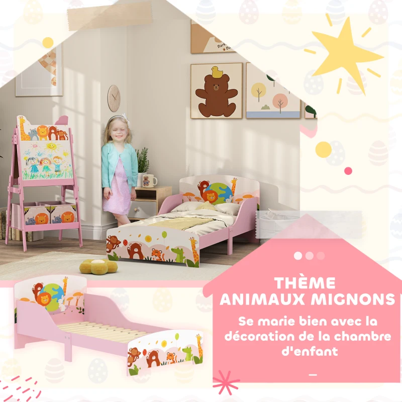AIYAPLAY Lit Enfant 70x140 cm motif animal 140 x 70 cm avec sommier à lattes en bois design bas sécurisé rose