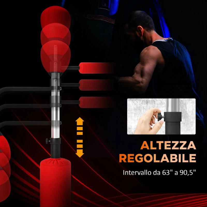 HOMCOM Sacco Boxe da Terra 4 in 1 con 2 Speedball, Barra Girevole e Sacco, Altezza Regolabile da 160-230cm, Rosso