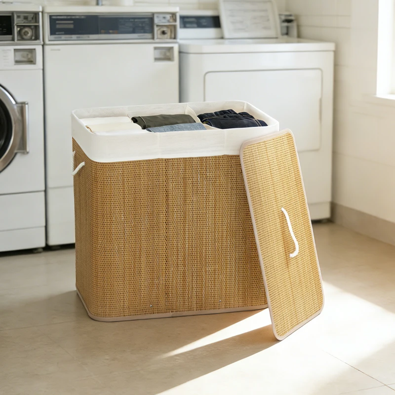 HOMCOM 3 Section Laundry Basket with Lid, 144L Bamboo Laundry Hamper with Handles, Removable and Washable Liner, Brown