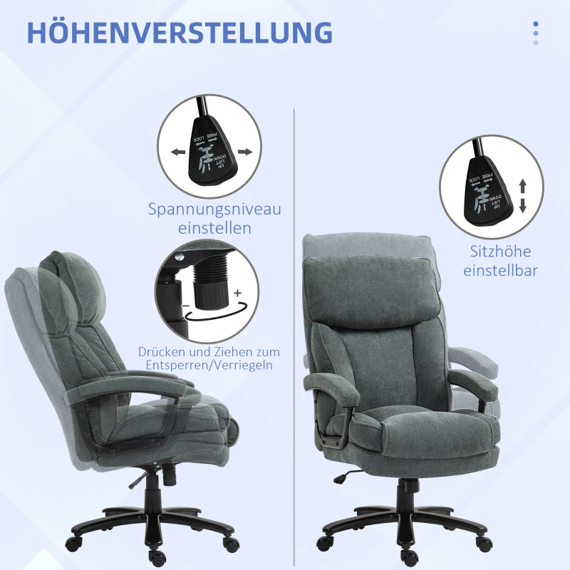 HOMCOM Grote hoge bureaustoel, 200 kg draagvermogen, robuuste constructie, zachte bekleding, grijs(m-5)