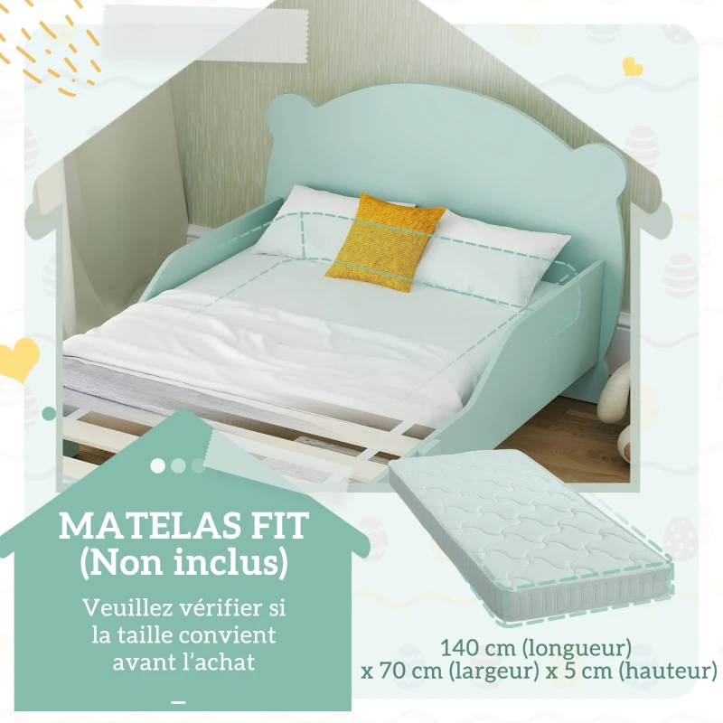AIYAPLAY Lit enfant 70x140 cm avec barrières de sécurité thème d'ours pour garçons, filles, âgés de 3 à 6 ans, vert