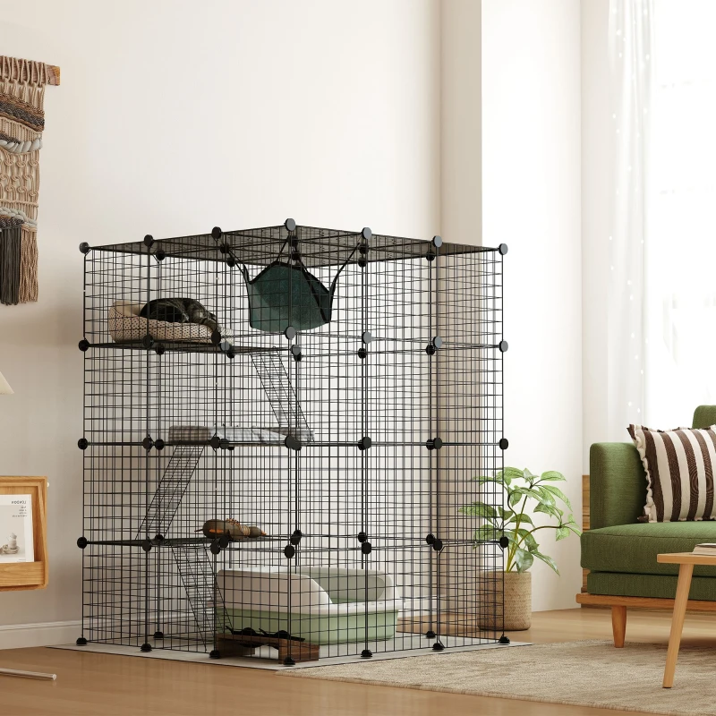 PawHut Katzenkäfig für Drinnen 4-stöckig DIY-Katzengehege mit dichtem Metalldraht Hängematte Rampe Türen Sprungplattformen