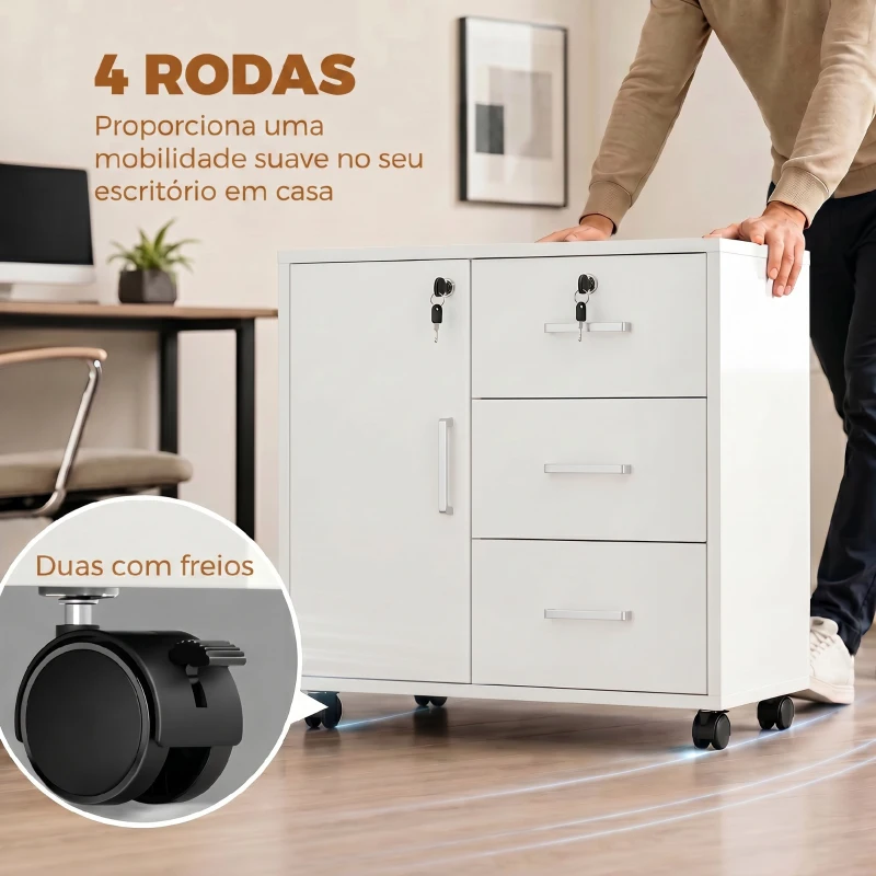 HOMCOM Móvel para Impressora com Rodas, Mesa com Porta e 3 Gavetas, Fechaduras, Prateleira Ajustável, Branco