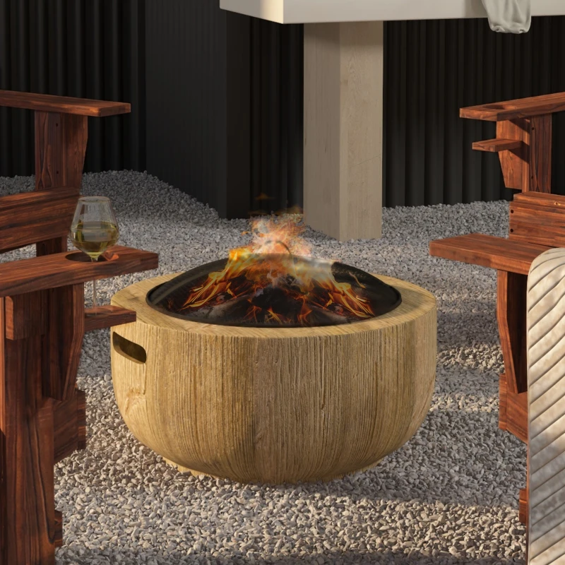 Outsunny Outdoor Fire Pit, 61.5 cm Metal Wood Burning Fireplace with Spark Cover, Poker, Woodgrain Design