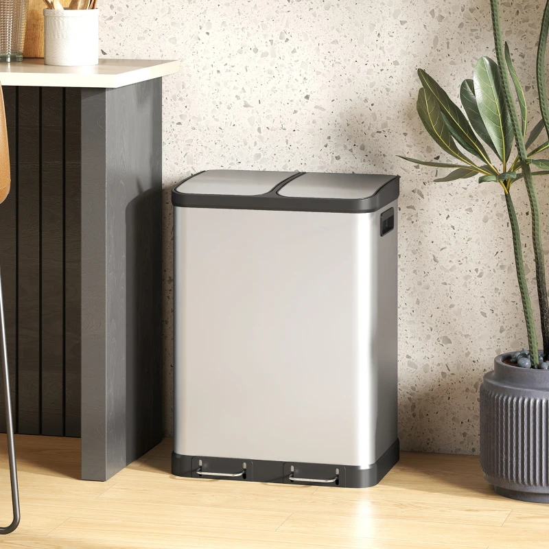 HOMCOM Küchenmülleimer mit Doppelkammer 2 x 30 l, Treteimer aus Edelstahl, Soft-Close-Deckel, Silber