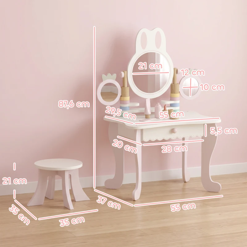 AIYAPLAY Coiffeuse enfants avec tabouret, 3 miroirs et 5 accessoires, poste de maquillage pour fille avec tiroir, 3+ ans, rose