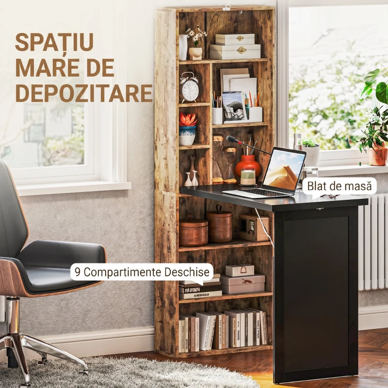 HOMCOM Birou Modern Pliabil cu Bibliotecă și Tablă, din Lemn și Metal, 98x51x153 cm, Maro Rustic