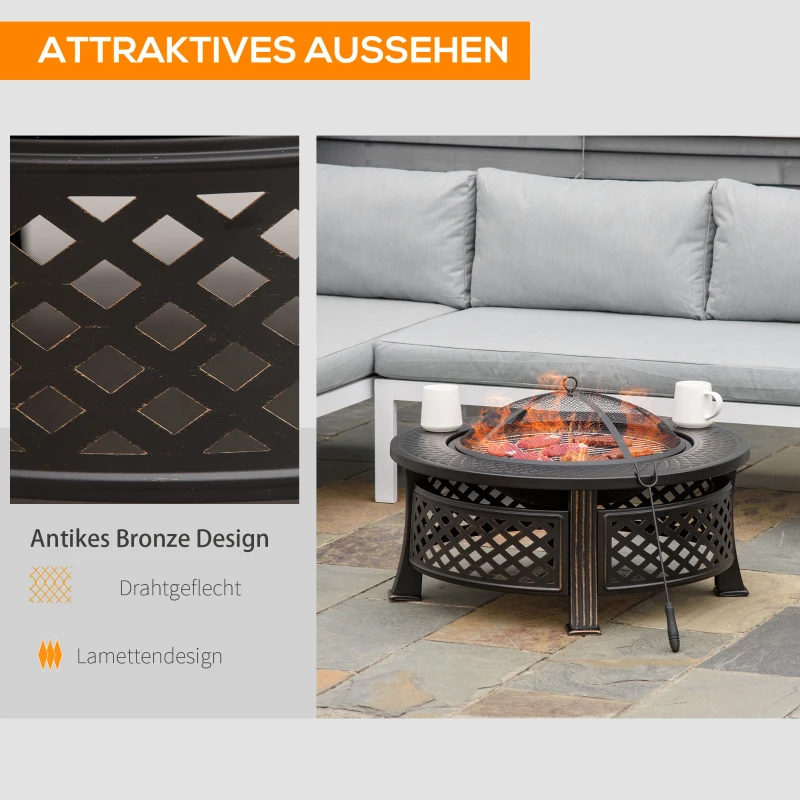 Outsunny vuurschaal met pook vonkenbescherming vuurkorf vuurtafel ronde vuurkorf voor in de tuin camping BBQ staal zwart 81 x 81 x 50 cm