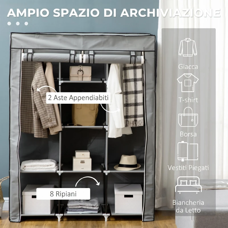 HOMCOM Armadio Salvaspazio con Base Rialzata, 8 Ripiani e 2 Barre, in Tessuto non Tessuto e Acciaio, Grigio Chiaro