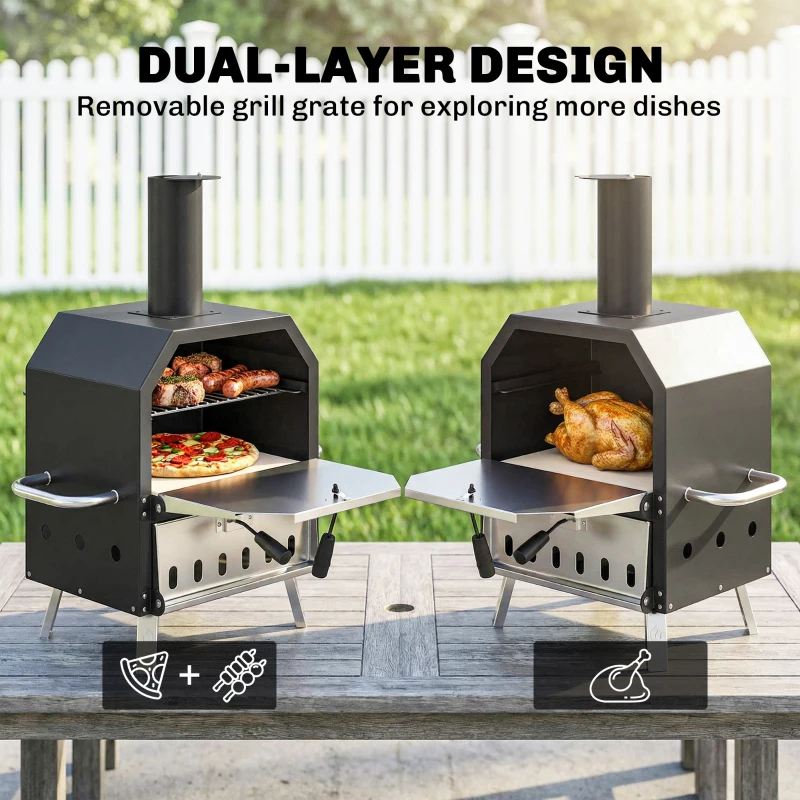 Outsunny Four à Pizza Extérieur à Bois et Charbon 2 Étages Combiné Barbecue Fumoir Pierre de 30 cm et Pelle Portable Noir