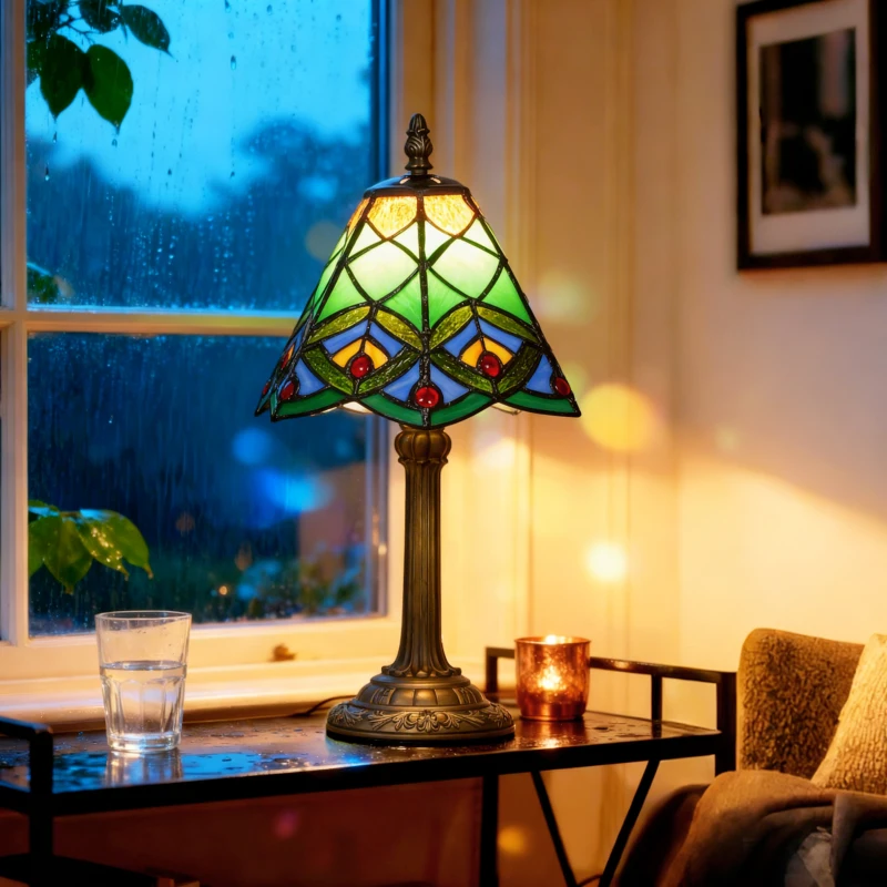 HOMCOM Tiffany-Style Table Lamp with Geometric Patterns, Handcrafted Antique Stained Glass Bedside Lamp for Living Room and Bedroom, E27 Socket, Green