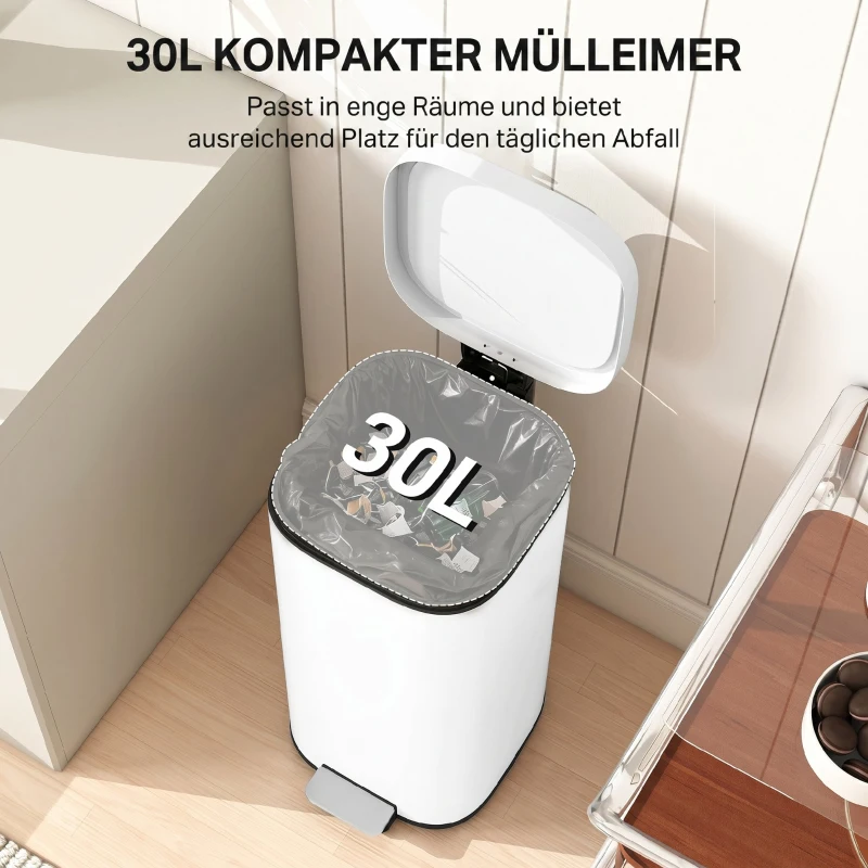 HOMCOM 30 L kosz na śmieci kuchenny na pedał z pokrywą, funkcja Soft-Close i utrzymania otwartej pozycji do kuchni, domu