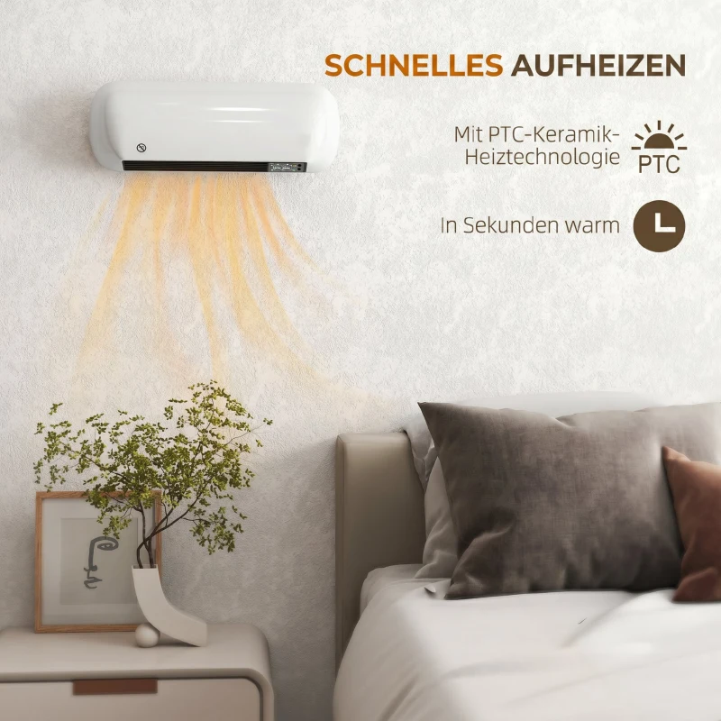 HOMCOM Wandverwarming 2000W keramische wandkachel met ventilator, 2 vermogensstanden, LED-display, thermostaat, wit