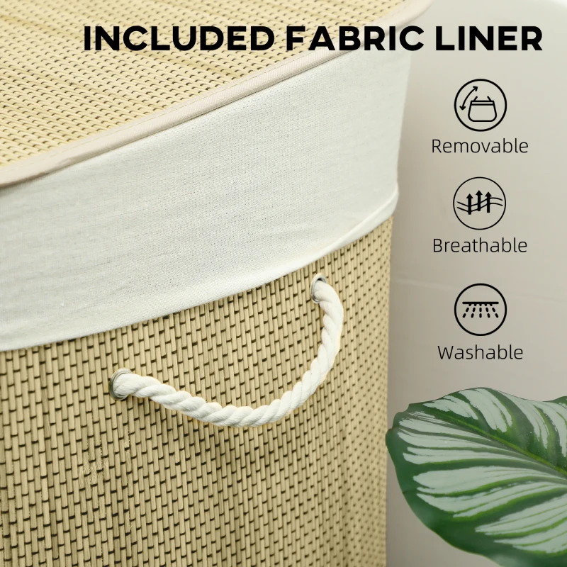 HOMCOM 3 Section Laundry Basket with Lid, 144L Bamboo Laundry Hamper with Handles, Removable and Washable Liner, Cream White
