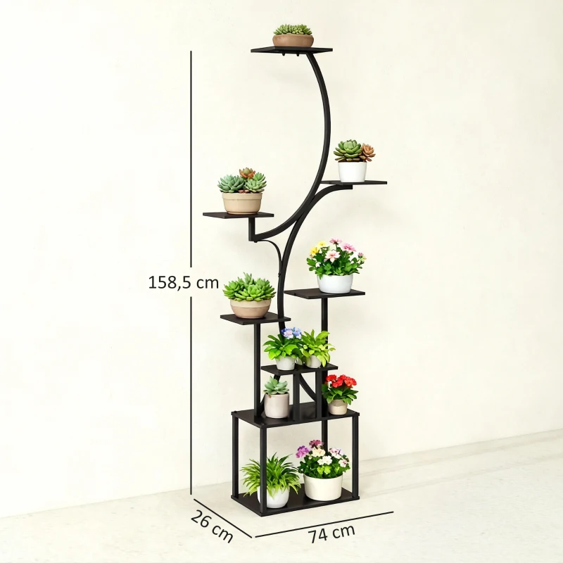 Outsunny Étagère à fleurs en métal à 8 niveaux, étagère à plantes en forme de S 158,5 cm, intérieur et extérieur, noir