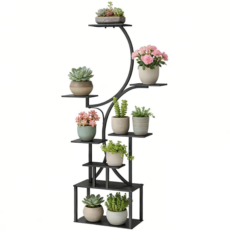 Outsunny Étagère à fleurs en métal à 8 niveaux, étagère à plantes en forme de S 158,5 cm, intérieur et extérieur, noir