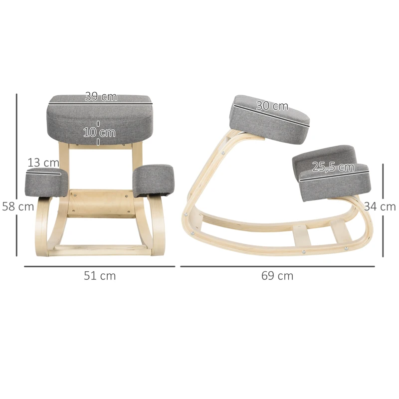 Vinsetto Cadeira Ergonómica para Joelhos com Almofadas e Estrutura em Madeira, Cinzento
