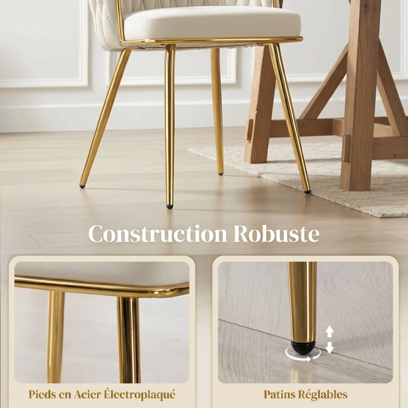 HOMCOM Lot de 2 chaises de salle à manger, chaises de cuisine rembourrées en velours avec dossier tressé et accoudoirs, crème