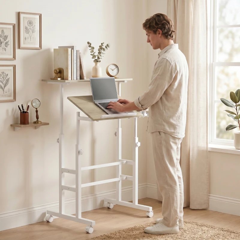 HOMCOM Escritorio Elevable Regulable en Altura 70x60 cm con Ruedas Tablero Inclinable Estructura de Metal Marrón