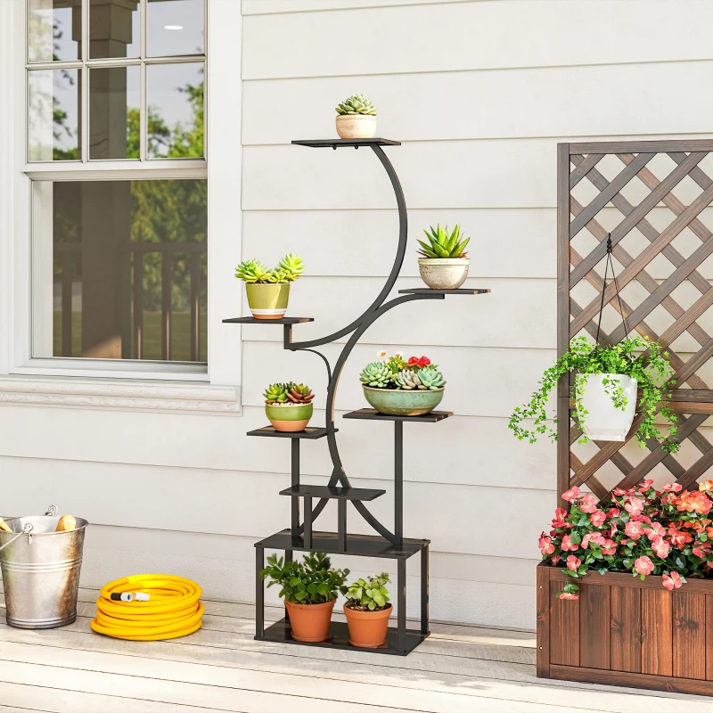Outsunny Étagère à fleurs en métal à 8 niveaux, étagère à plantes en forme de S 158,5 cm, intérieur et extérieur, noir