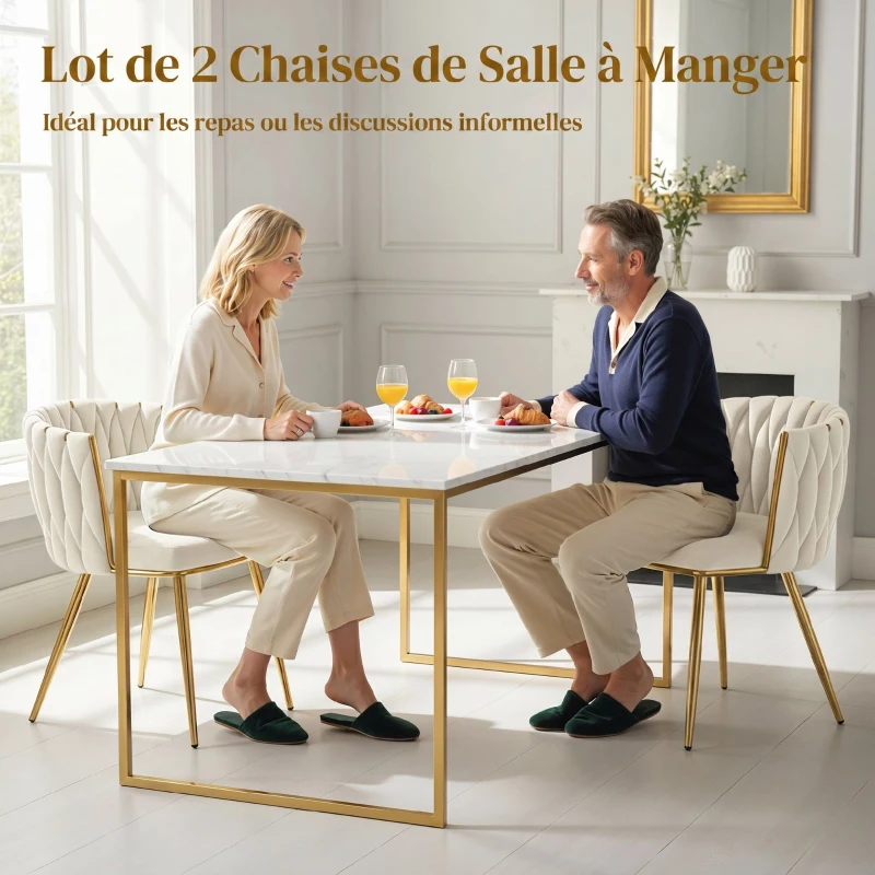HOMCOM Lot de 2 chaises de salle à manger, chaises de cuisine rembourrées en velours avec dossier tressé et accoudoirs, crème