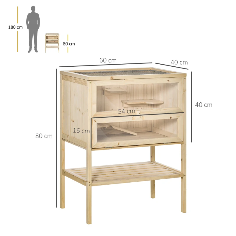 PawHut Gabbia Grande per Criceti e Roditori in Legno di Abete con Tetto Apribile 60 x 40 x 80cm