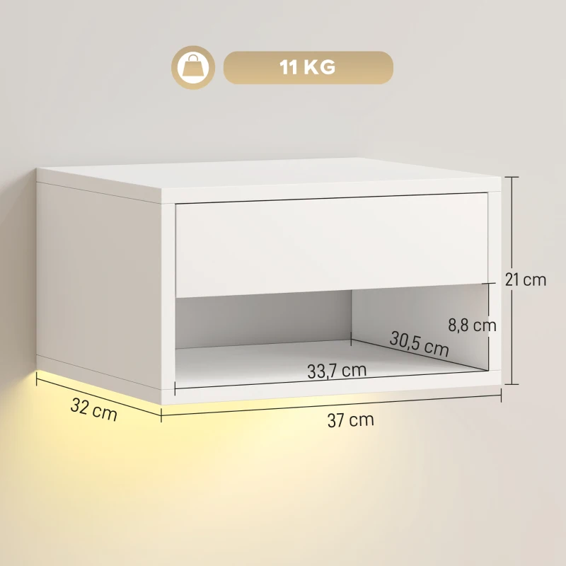 HOMCOM Nachttisch 2er-Set mit RGB-LED-Beleuchtung, schwebender Nachtschrank mit Schublade und offenem Fach, Weiß